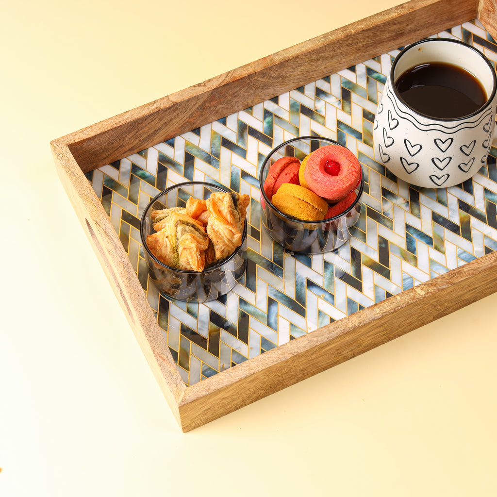 Wooden Serving Tray with Mosaic Decal | Decorative Tea & Coffee Serving Tray with Handles