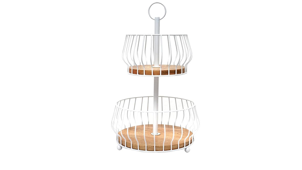 Double Layer Fruit Basket Stand | Metal Fruit Holder with Wooden Base