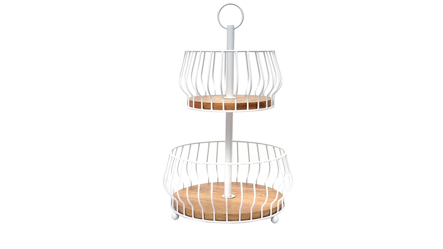 Double Layer Fruit Basket Stand | Metal Fruit Holder with Wooden Base