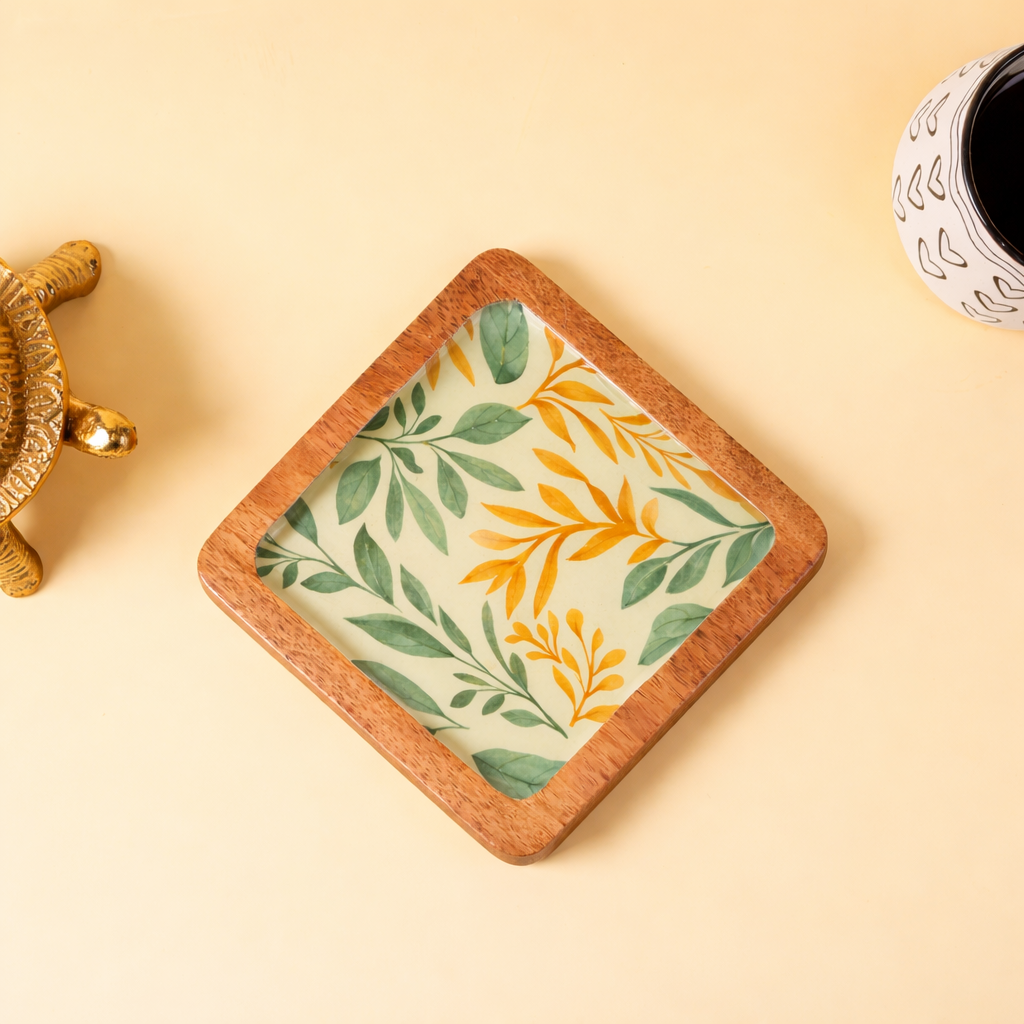 Botanical Leaf Wooden Coaster with Decal Design | Decorative Square Drink Coaster for Coffee & Tea Cups